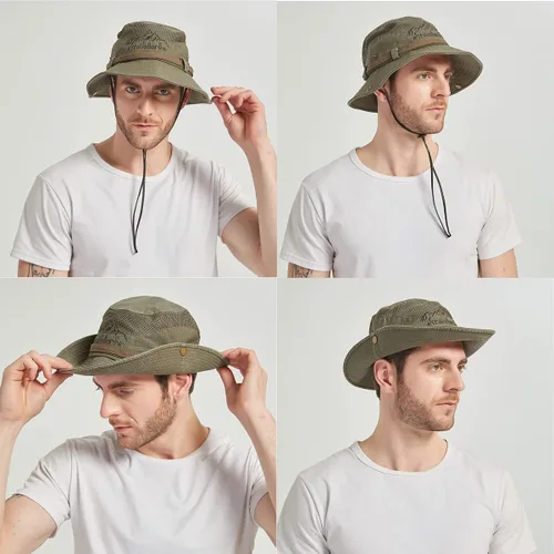 Vista 5 de Sombrero de sol para hombre, bordado de algodón, para verano, protección solar, ala ancha, plegable, estilo safari, boonie Verde militar
