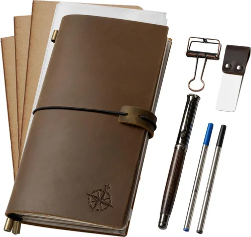 Vista 14 de WANDERINGS Cuaderno A5 Travelers hecho a mano, de cuero auténtico, 6 x 8.5 pulgadas, diario de viaje recargable con soporte para bolígrafo
