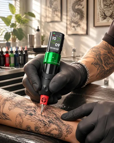 Vista 6 de Poseidon - Kit de pistola de tatuaje inalámbrica de 7 tiempos, 2 piezas Kit verde