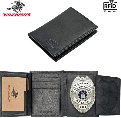 Vista 2 de Winchester Billetera de cuero genuino de grano completo con identificación de policía RFID, se adapta a cualquier forma de insignia con un pin