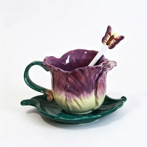 Vista 8 de Juego de taza de té y platillo de cerámica, taza de café de flores pintadas a mano en 3D de 6 onzas, regalo para mujeres, tulipán naranja