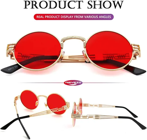 Vista 5 de AIEYEZO Gafas de sol redondas steampunk Circle Lennon Hippie, marco de metal, lente de bloqueo UV 100%