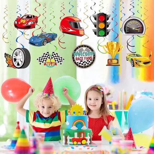 Vista 6 de Containlol 30 piezas de remolinos colgantes para fiesta de autos de carreras, banderas, banderas a cuadros, suministros de fiesta de cumpleaños