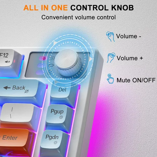 Vista 4 de BlueFinger Teclado y mouse inalámbricos 75% para juegos con pantalla inteligente, teclado inalámbrico recargable con control de perilla, mouse