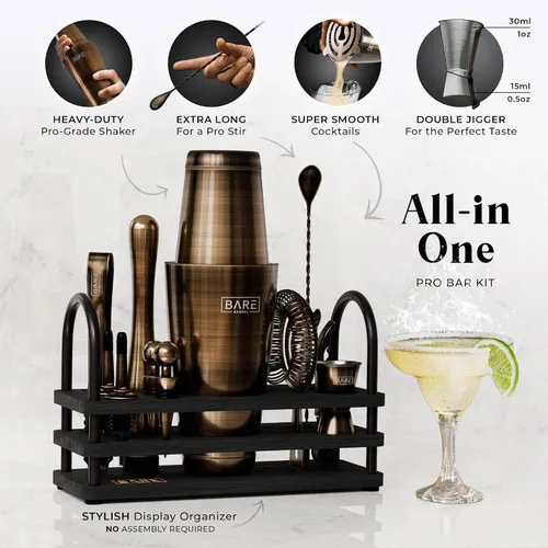 Vista 2 de BARE BARREL Mixology Bartender Kit Bar Set Juego de coctelera de 14 piezas Herramientas de mezcla de Martini Barware para el hogar 35 tarjetas