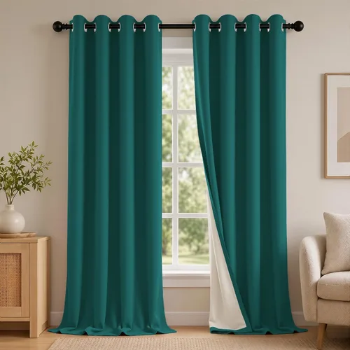 Vista 97 de 2 paneles de cortinas 100% opacas, de peso medio, con aislamiento térmico y ojales para dormitorio, sala de estar, tratamiento de ventana