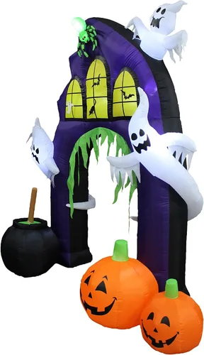 Vista 5 de Arco de castillo inflable de Halloween de 9 pies de alto Caldero de fantasmas de araña, calabazas y luces LED, para interiores y exteriores
