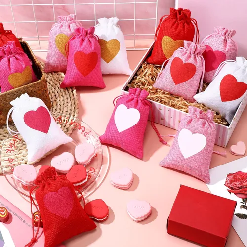 Vista 7 de 36 bolsas de arpillera de corazón para el día de San Valentín, 4 x 6 pulgadas, con cordón, pequeñas bolsas de joyería de lino, bolsas con cordón