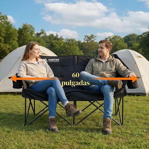 Vista 6 de Huskfirm Silla de campamento doble acolchada, silla de campamento resistente para 2 personas, silla de campamento de gran tamaño con portavasos