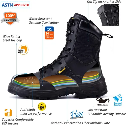 Vista 4 de Botas tácticas militares para hombre de 8 pulgadas con punta de acero, botas de seguridad para el trabajo con cremallera lateral, botas de combate