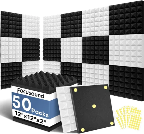 Vista 8 de Paneles acústicos, paquete de 24 unidades de 2 x 12 x 12 pulgadas con 120 adhesivos de doble cara, espuma piramidal a prueba de sonido para paredes
