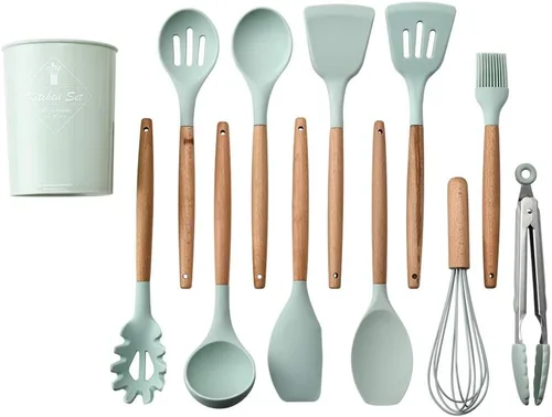 Vista 2 de Juego de 17 utensilios de silicona con mango de madera, resistente al calor, utensilios de cocina fáciles de limpiar, herramientas de cocina