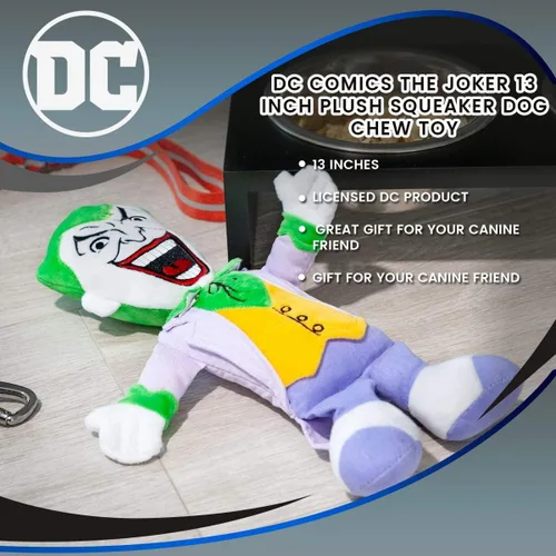 Vista 7 de DC Comics Crowded Coop - Juguete chirriante para masticar perro de felpa Joker, juguete masticable ligero a moderado, 13 pulgadas