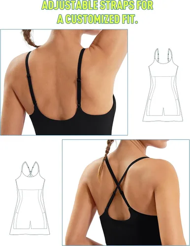 Vista 3 de Vestido de tenis con pantalones cortos debajo del vestido de entrenamiento con correas ajustables y brasier integrado, vestido de golf atlético