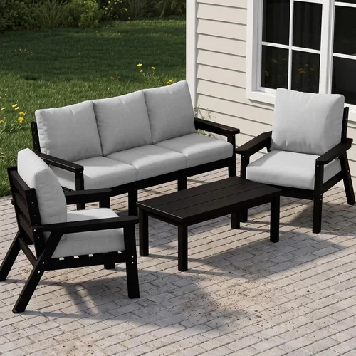 Vista 57 de PLUUV Juego de muebles de patio al aire libre HDPE, 7 piezas, marco negro Marco negro/cojín gris