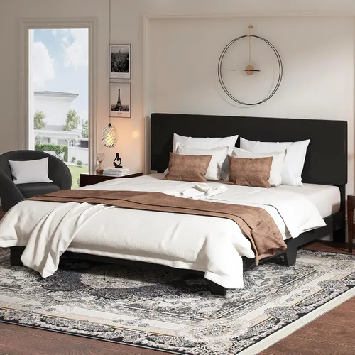 Vista 11 de WEEWAY Base de cama de plataforma tapizada completa con cabecero ajustable y listones de madera fuertes, base de colchón resistente, no necesita