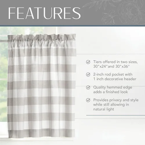 Vista 3 de Elrene Home Fashions Farmhouse Living Buffalo-Check Juego de cortinas de dos niveles para baño o cocina, 30" x 24" (Juego de 2 niveles), Gris/Blanco