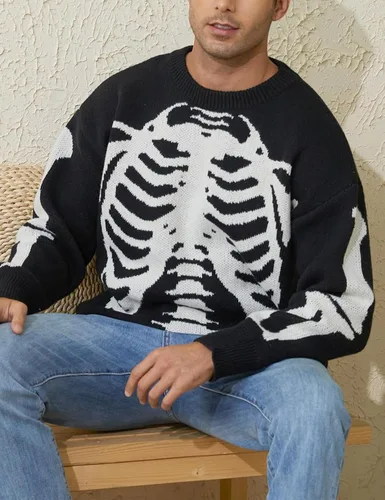 Vista 2 de Yimoon Suéteres de gran tamaño para hombre, con gráficos, casuales, de punto trenzado, lindo suéter unisex con cuello redondo retro para parejas