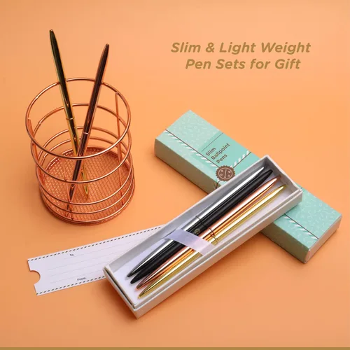 Vista 2 de Oriday Juego de 4 bolígrafos elegantes y delgados para planificar, bolígrafo de metal con tinta negra en una caja de regalo para mujeres, bodas