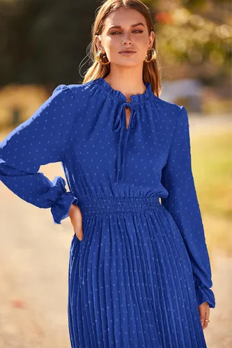 Vista 6 de PRETTYGARDEN Womens 2024 Fall Long Sleeve V Neck Swiss Dot Pleated A Line Flowy Dresses