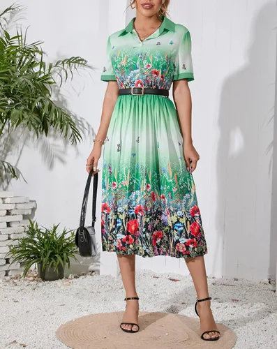 Vista 7 de VERWIN solapa manga tres cuartos hasta la rodilla plisado floral vestido de mujer