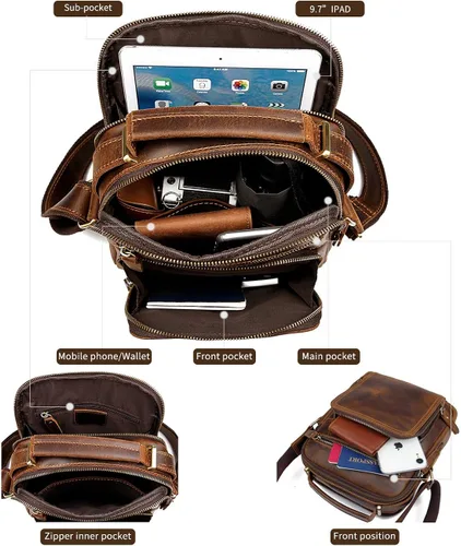 Vista 3 de YOGCI Bandolera de cuero para hombres Vintage Crossbody Bolso de hombro Fit Celular Monederos Billetera iPad con cremalleras YKK Marrón Oscuro