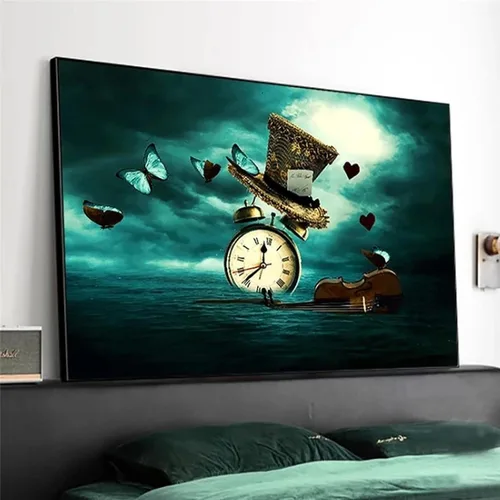 Vista 3 de Reloj Violín Mariposa Sombrero Salvador Dalí Surrealismo Creativo Retro Lienzo Pintura Impresiones Arte de Pared Cuadros Decoración del Hogar