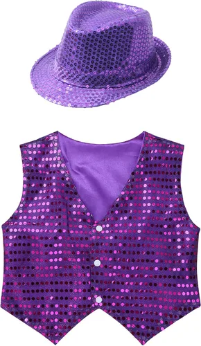 Vista 3 de easyforever Chaleco de baile callejero hip-hop con lentejuelas para niños y niñas, chaleco con sombrero, disfraz de fiesta de rendimiento