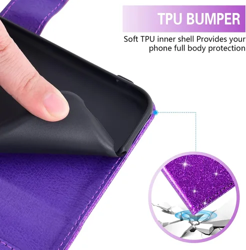 Vista 6 de Asuwish Funda para teléfono Cricket Icon 4 con protector de pantalla de vidrio templado y accesorios para celda, ranura para tarjetero, función Oro