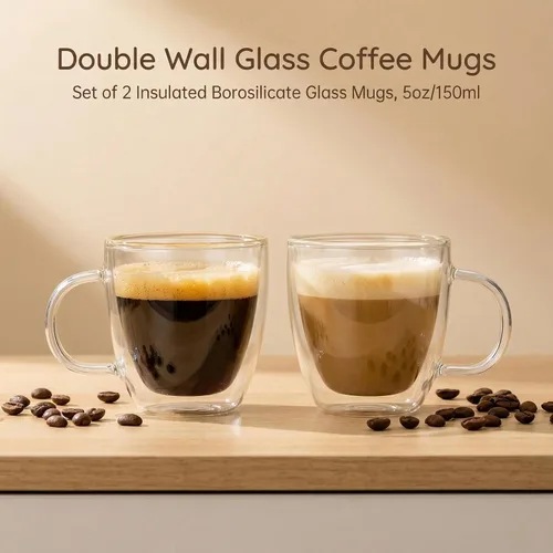 Vista 2 de Tazas de café de vidrio de doble pared de 5 oz / 5.1 fl oz, juego de 2 tazas aisladas con asas, elegantes tazas de café