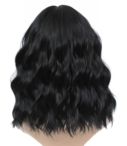 Vista 6 de Peluca negra con flequillo para mujeres negras, cabello rizado y ondulado de 14 pulgadas Negro