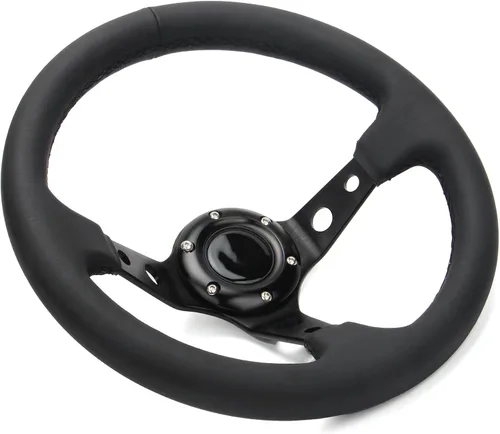 Vista 2 de Volante universal de carreras de 6 pernos 320mm 12.5" de cuero genuino negro con agarre, marco de aluminio, volante deportivo de llanta profunda