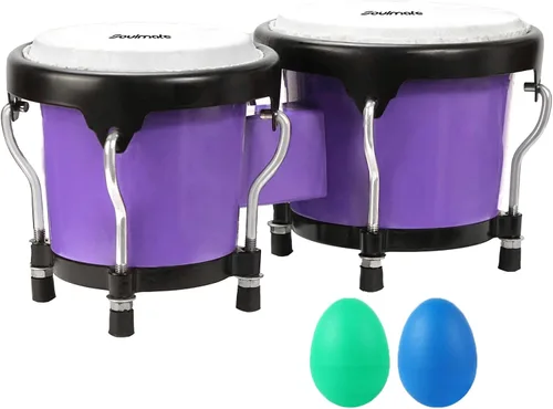 Vista 12 de Juego de Bongós Soulmate para Niños, Principiantes y Adultos de 4" y 5" - Bongós de Percusión Transparentes con Llave de Afinación, Acabado Natural