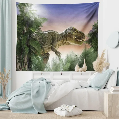 Vista 5 de Ambesonne Tapiz jurásico, dinosaurio en la selva, bosque, naturaleza, bosque, violencia depredadora aterradora, colgante de pared ancho