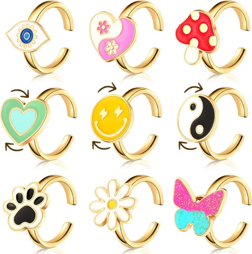 Vista 8 de Juego de 9 anillos giratorios giratorios para ansiedad, anillos giratorios para ansiedad, apilables, giratorios, calmantes, ajustables para mujeres