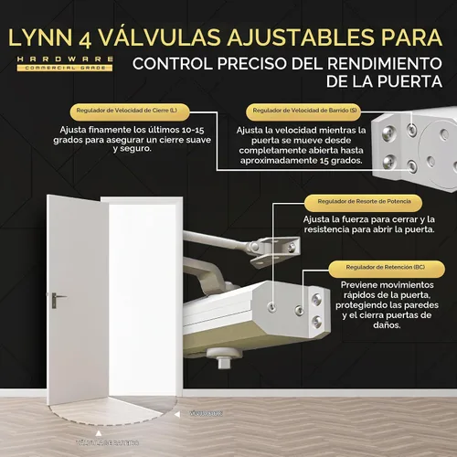 Vista 6 de LYNN HARDWARE Cierrapuertas automático de servicio medio/resistente (plateado) - grado comercial, elección de contratistas, velocidad y fuerza