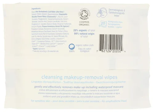 Vista 2 de Natracare Toallitas limpiadoras para eliminación de maquillaje, piel sensible, 20 por paquete