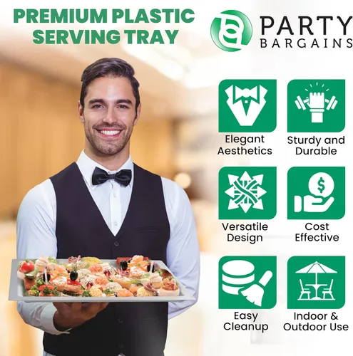 Vista 2 de PARTY BARGAINS Bandejas de plástico de 16 x 11 pulgadas, paquete de 4, bandejas desechables de plástico blanco, excelentes para bodas, bufés