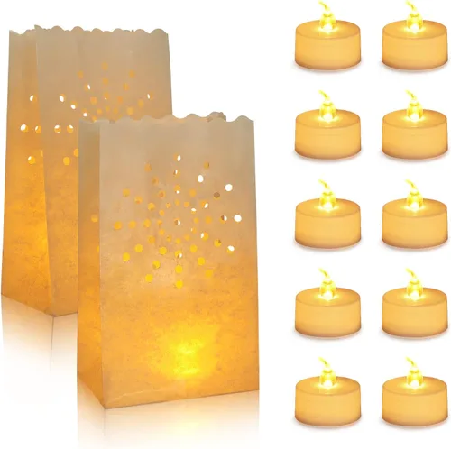 Vista 11 de AceList 30 bolsas luminarias con 30 velas sin llama, velas de té para bodas, cumpleaños, fiestas, decoraciones de Navidad (girasol)