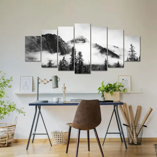 Vista 5 de NutArtPic 7 piezas de lienzo de bosque brumoso, arte de pared, diseño de montaña brumosa en blanco y negro, pintura enmarcada del parque nacional