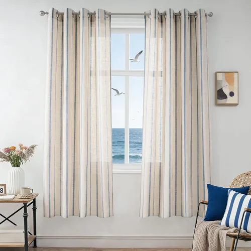 Vista 122 de DriftAway Cortinas de estilo granja con rayas verticales de lino mezclado texturizado con filtro de luz semitransparente para sala de estar