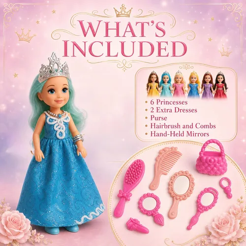 Vista 7 de TOMLEON Juego de muñecas de princesa, 6 muñecas de princesa con vestidos coloridos, coronas y joyas, juego de rol de fantasía para niños