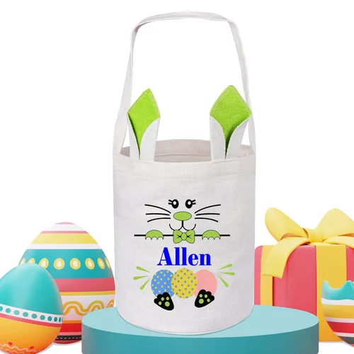 Vista 7 de Touber Cesta de Pascua, canastas de Pascua de algodón personalizadas para niñas y niños, rectangular, cestas de caza de huevos de Pascua con orejas