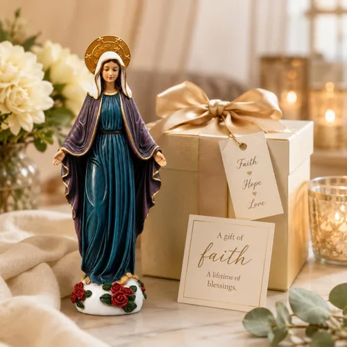Vista 2 de Comfy Hour Mary - Estatua de Virgen María de 9 pulgadas, decoración católica de la Madre Bendita con rosas, escultura religiosa de poliresina