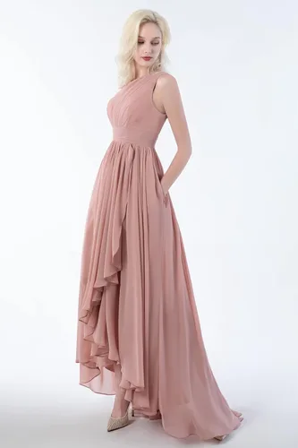 Vista 3 de DEUELANK Vestidos de dama de honor de un hombro para mujer, vestido largo de gasa alto y bajo, vestido de graduación formal con bolsillos