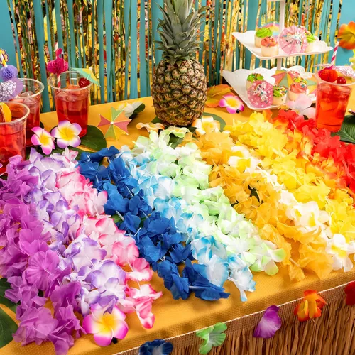 Vista 8 de Joyin Toy 36 unidades de collares hawaianos a granel, leis de flores tropicales, leis hawaianas, leis de playa de Hawái, suministros para fiestas