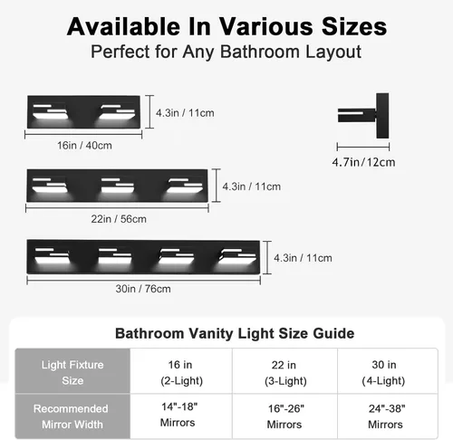 Vista 3 de Lámparas LED modernas para tocador de baño, 2 luces regulables de 15 pulgadas, color negro mate, para accesorios de iluminación de baño sobre