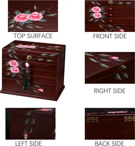 Vista 5 de Xloverise Joyero de madera para Wowen, organizador de 5 capas de pintura a mano con colgador de collar, organizador de cajas de joyería grandes