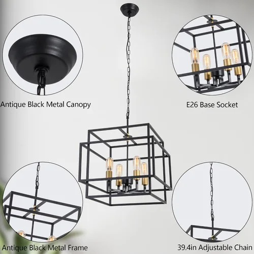 Vista 2 de Maxax Lámpara de araña cuadrada moderna, 4 luces colgantes de granja, para isla de cocina, comedor, dormitorio, sala de estar, acabado negro y dorado