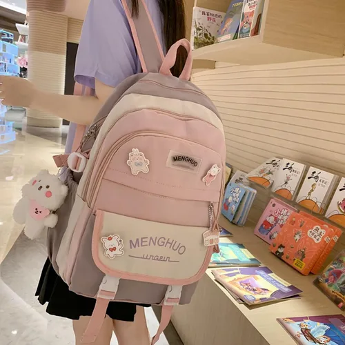 Vista 3 de Tenbip Mochila kawaii, mochila estética, mochila de preparación, suministros escolares kawaii con accesorios de oso.., Rosado